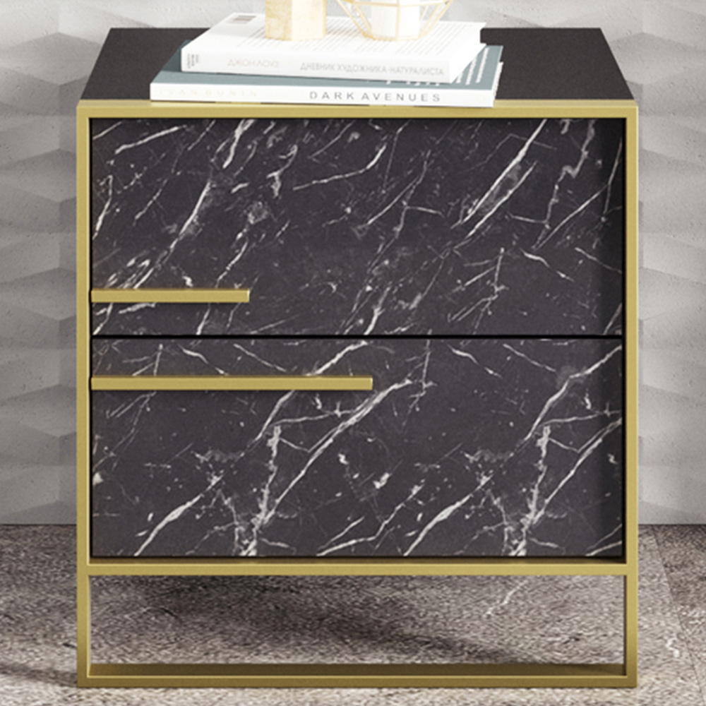 Decorotika Polka 2 Drawer Black Marble Effect and Gold Bedside Table Image 1