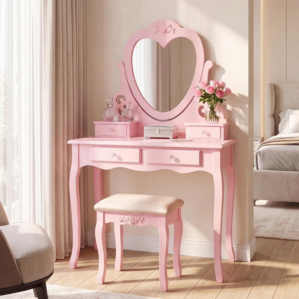 Portland 4 Drawer Pink Dressing Table Set with Mirror Image 1