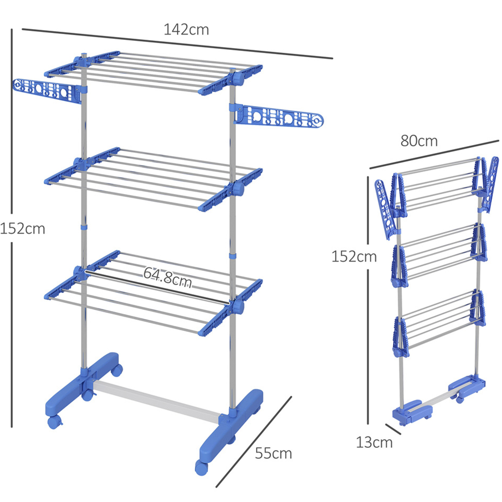 HOMCOM 3-TierBlue Large Stainless Steel Clothes Airer Image 9