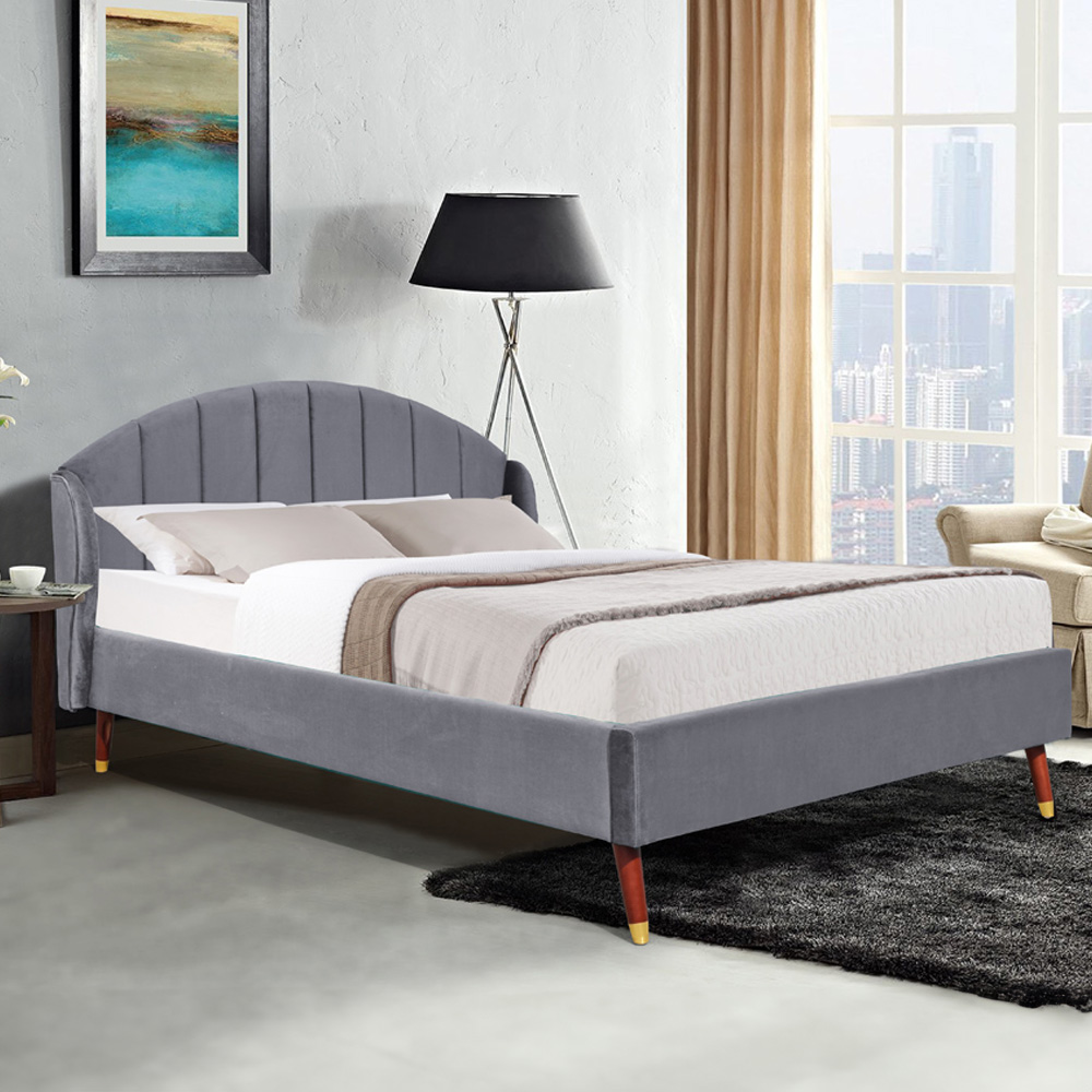Brooklyn Winged Double Grey Plush Velvet Bed Frame with Curved Headboard Image 1