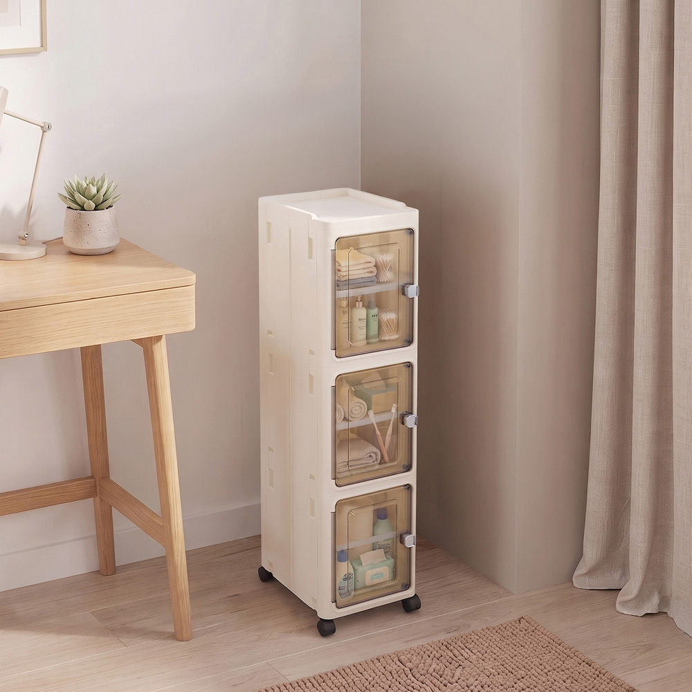 Living and Home 3-Tier White Slim Storage Cabinet with Wheels Image 2