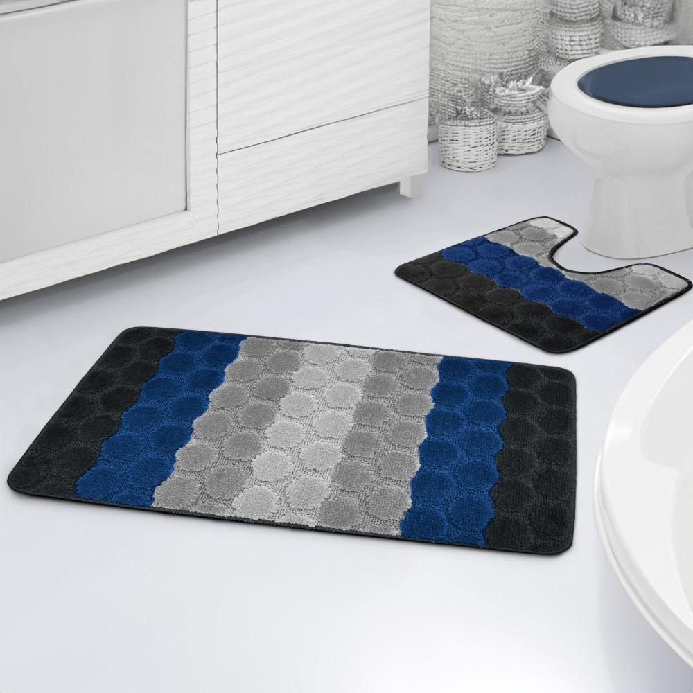 Velosso Hex Stripe Navy Bath Mat Set Image 2