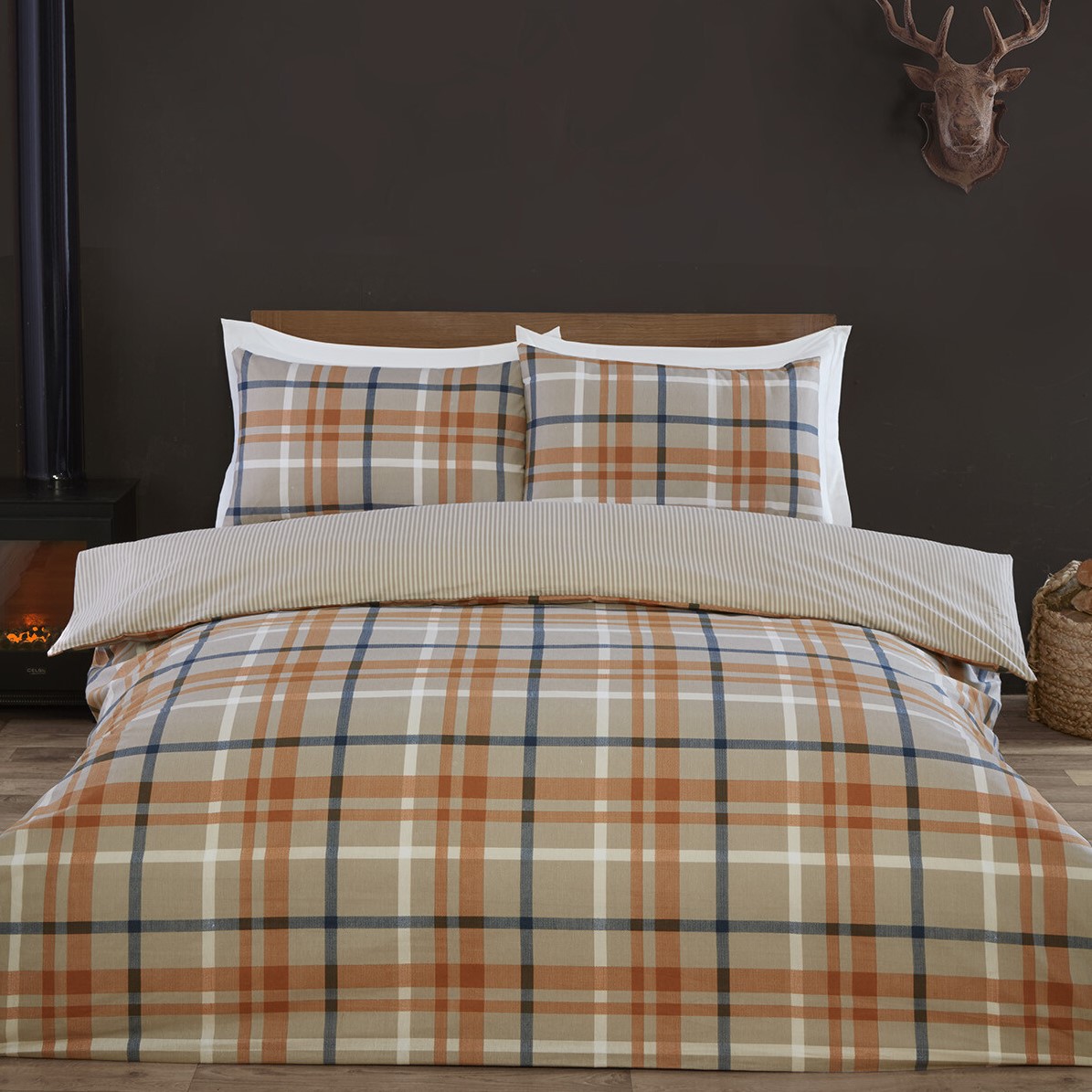 Harrison Check Duvet Cover and Pillowcase Set - Rust / Double Image 1