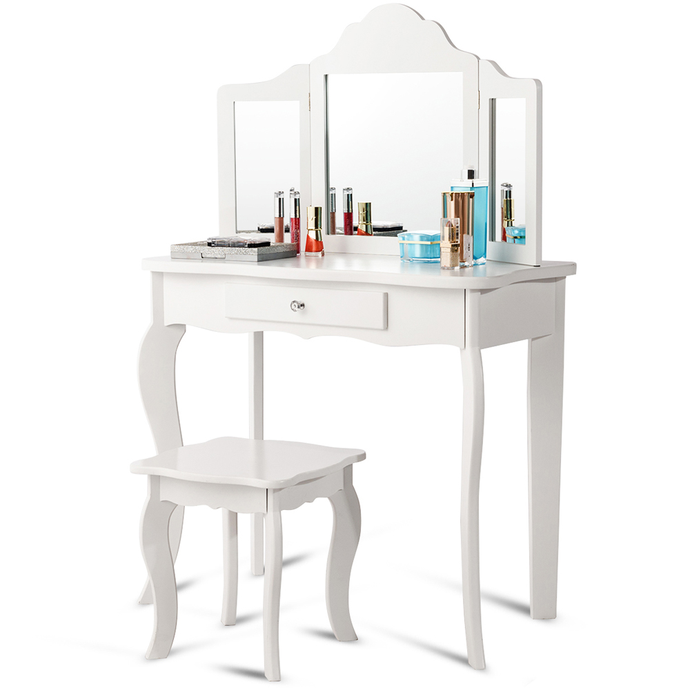 Costway Kids Single Drawer White Vanity Dressing Table Set with Mirror Image 3