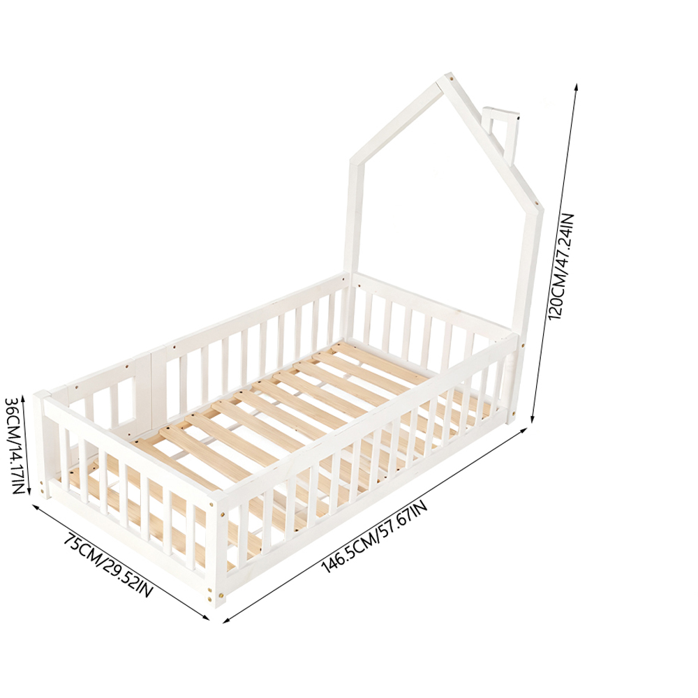 Living and Home Kids White Pine Wood Floor Bed Frame with Roof Headboard Image 9