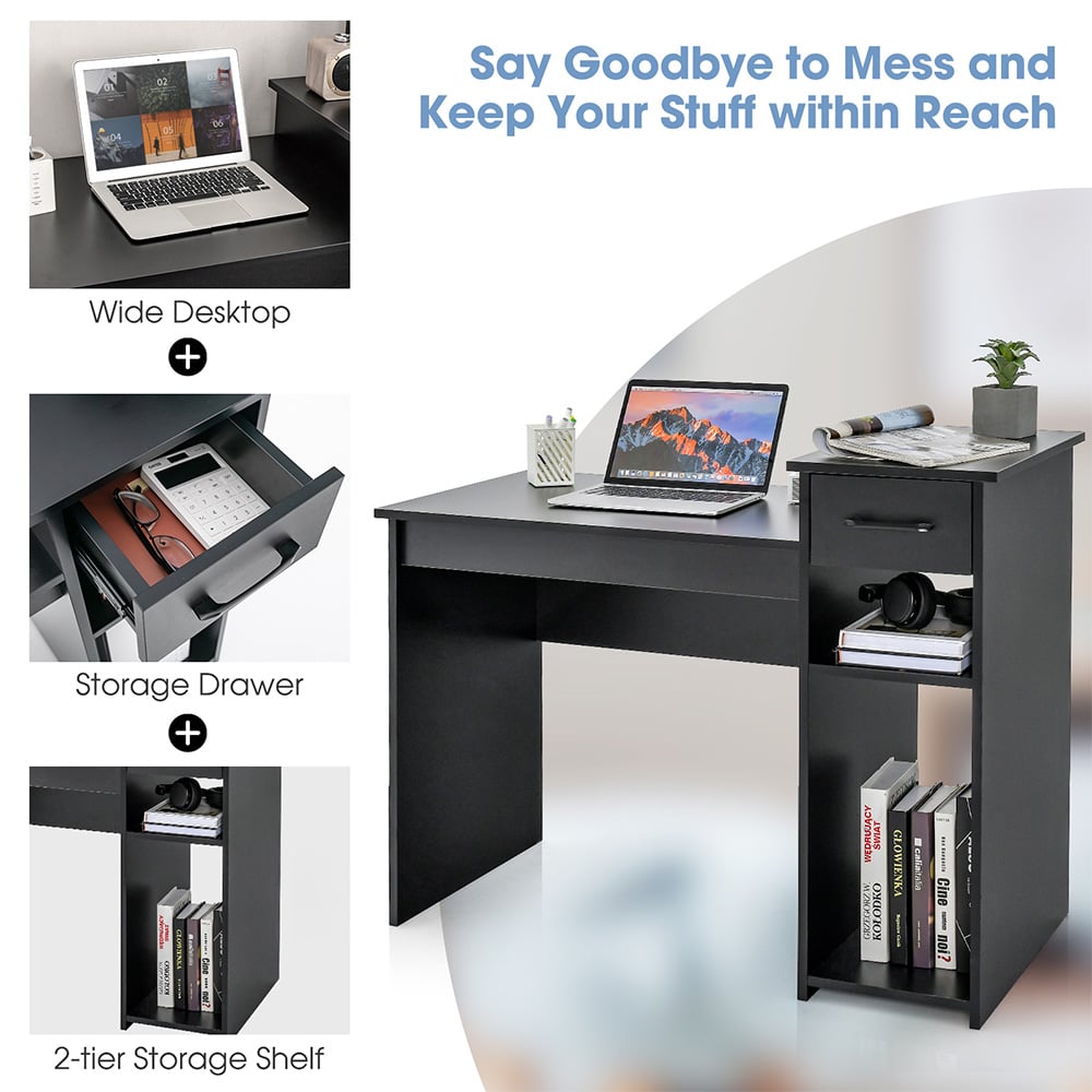 Costway Single Drawer 2 Shelf Computer Desk Black Image 6