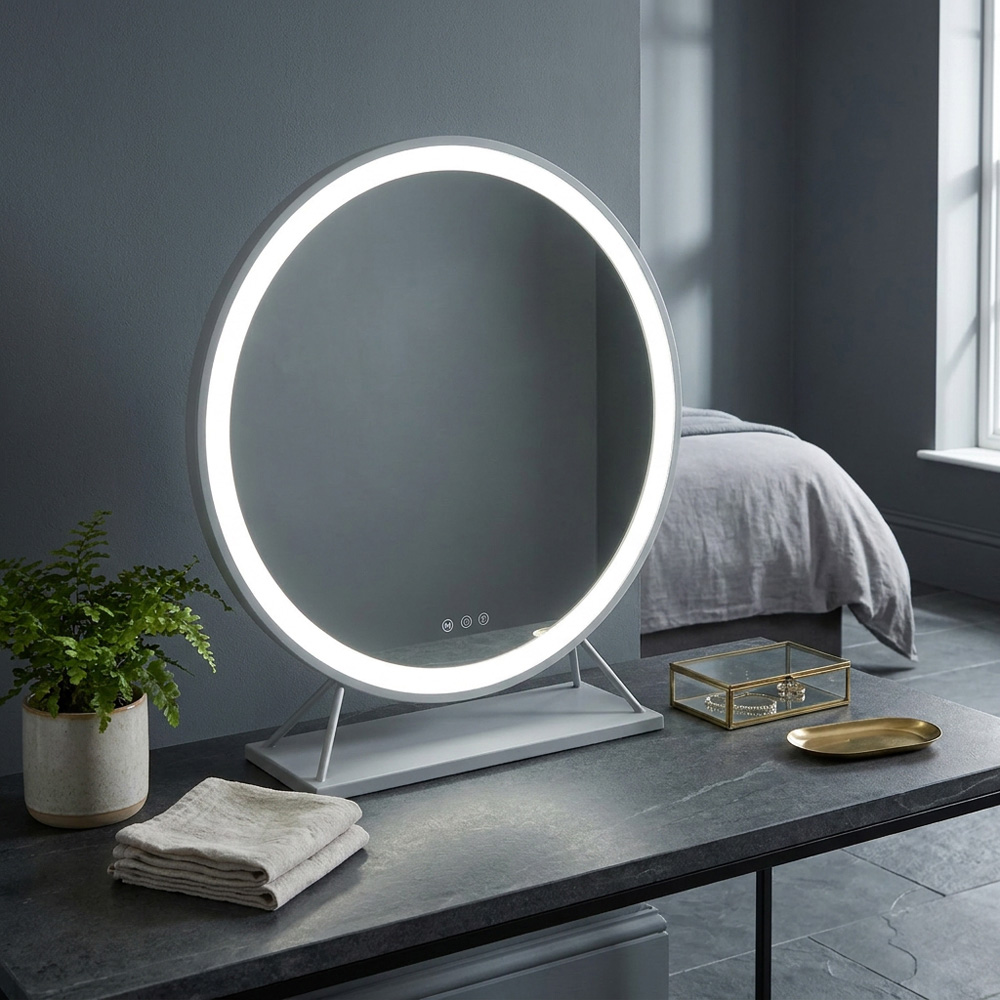 White Round Standing Hollywood LED Mirror Image 2