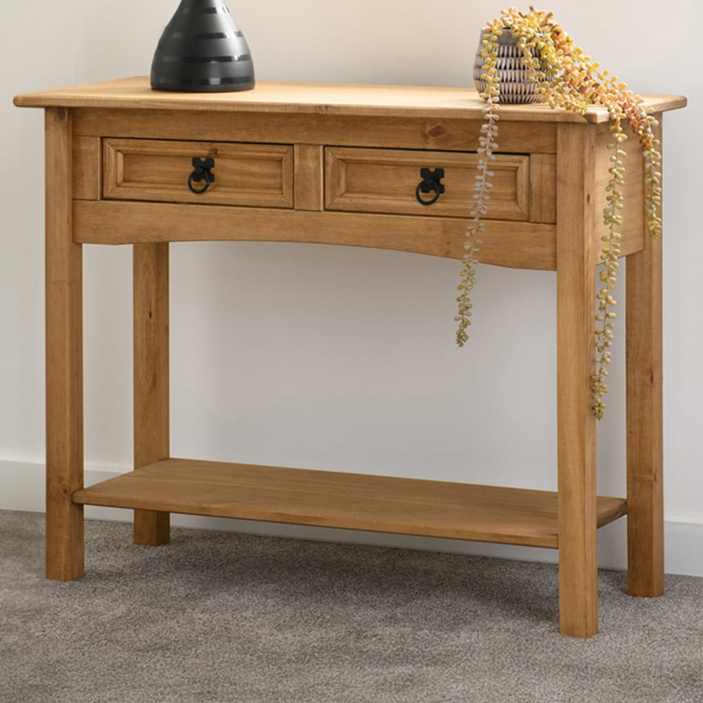Seconique Corona 2 Drawer Single Shelf Distressed Waxed Pine Console Table Image 1