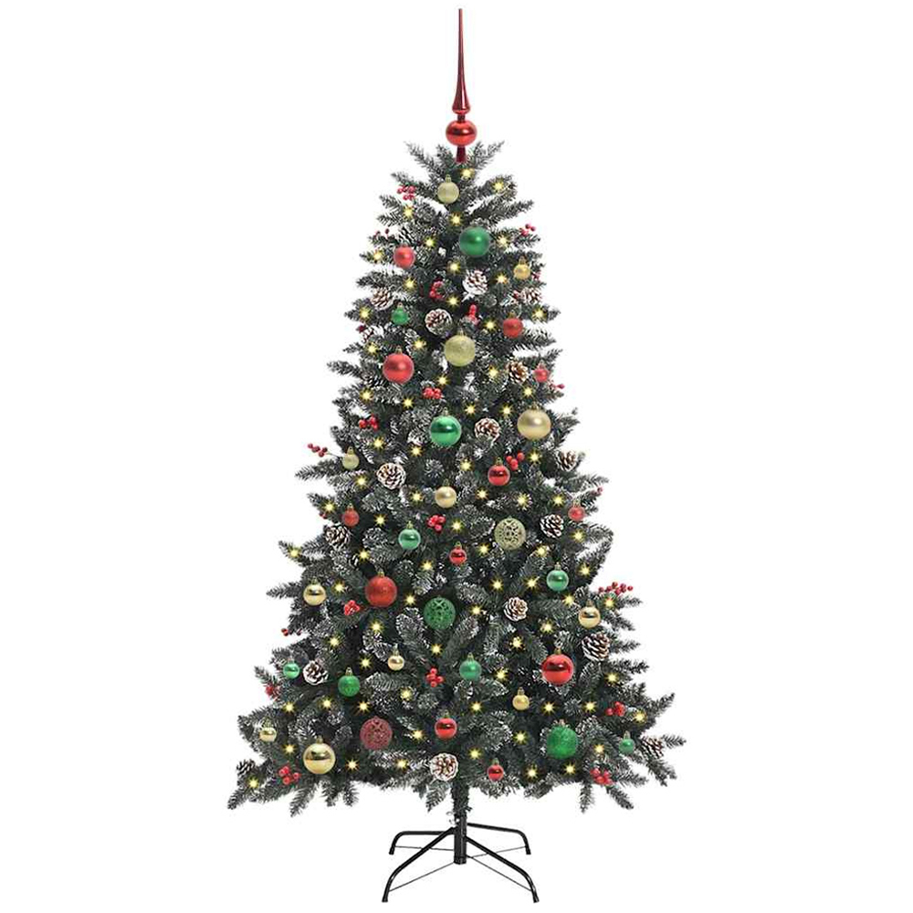 vidaXL Pre-Lit Multicolour Bauble Pinecones Berries Green Snow Flocked Artificial Christmas Tree 5ft Image 1