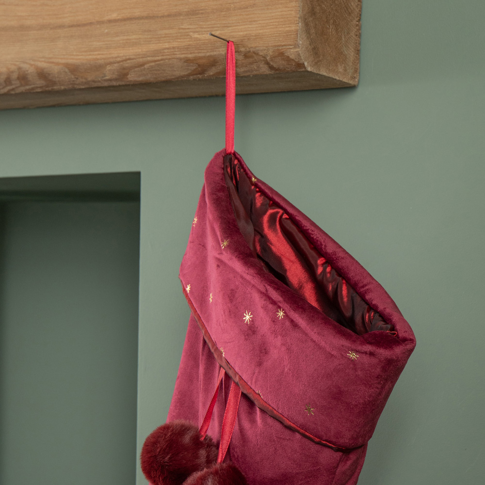 Samuel Alexander Burgundy Velour Star Print Christmas Stocking with Pom Poms 70cm Image 3