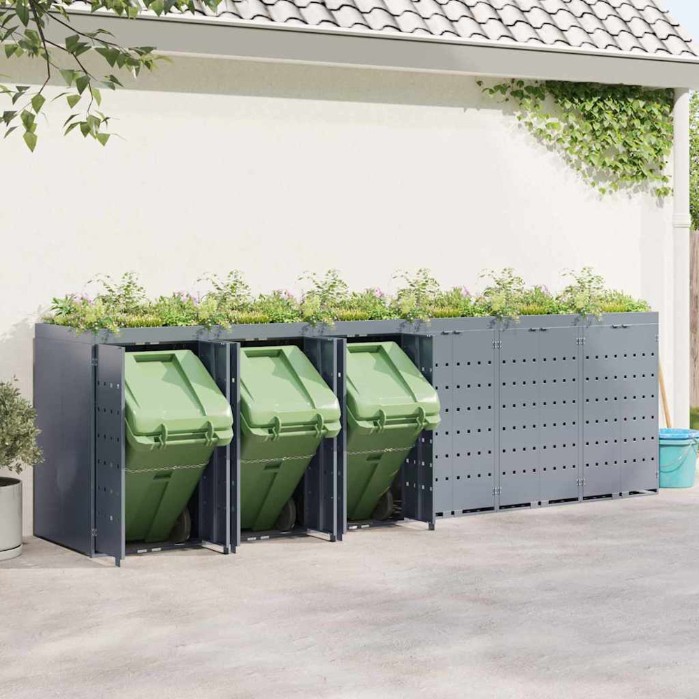 vidaXL Light Grey 6 Wheelie Bin Storage Shed with Planter Roof Image 2