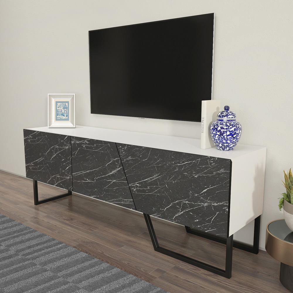Decorotika Parla 3 Door Black Marble and White TV Unit Image 7