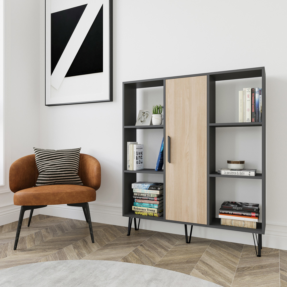 Decorotika Peoria Single Door 6 Shelf Anthracite and Oak Bookcase Image 3