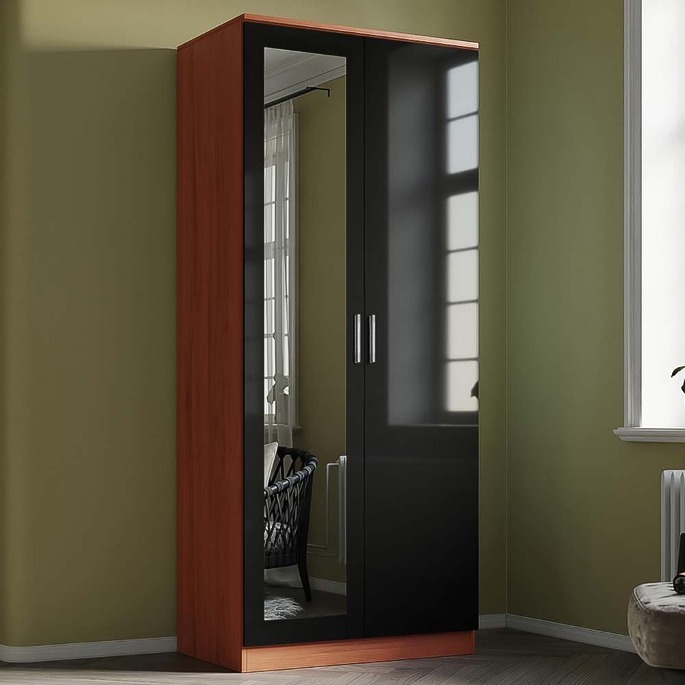 Brooklyn 2 Door Walnut and Black High Gloss Mirrored Wardrobe Image 1