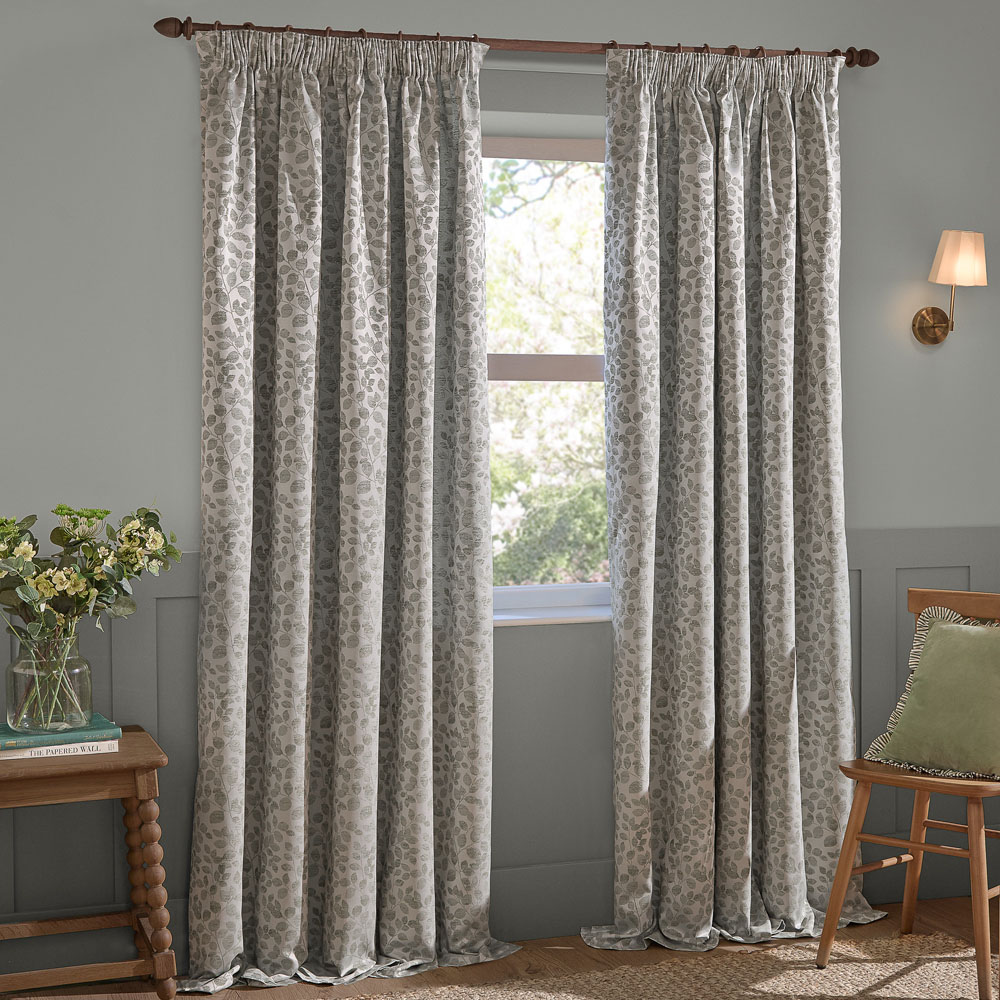 Wylder Grace Leaf Mist Grey Jacquard Fully Lined Pencil Pleat Curtains 168 x 137cm Image 1