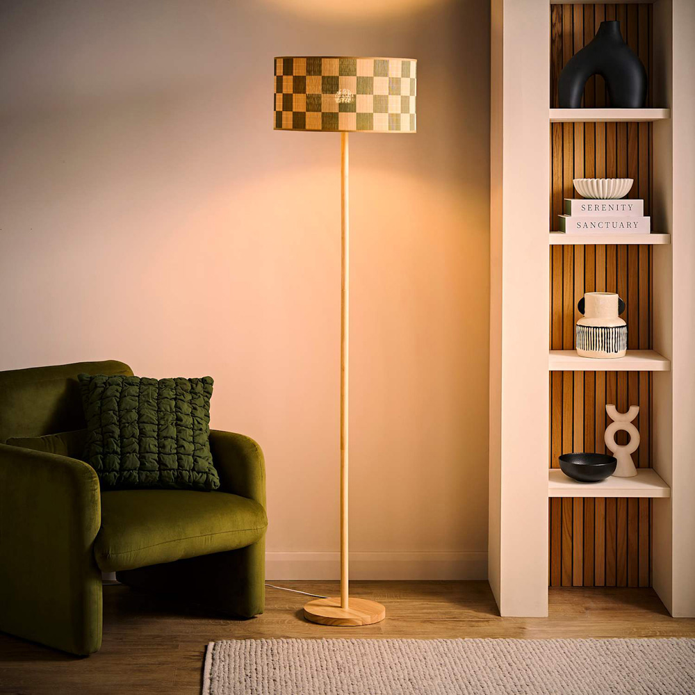 ValueLights Heather Green Check Bamboo Drum Shade Light Wood Stem Floor Lamp with Bulb Image 2