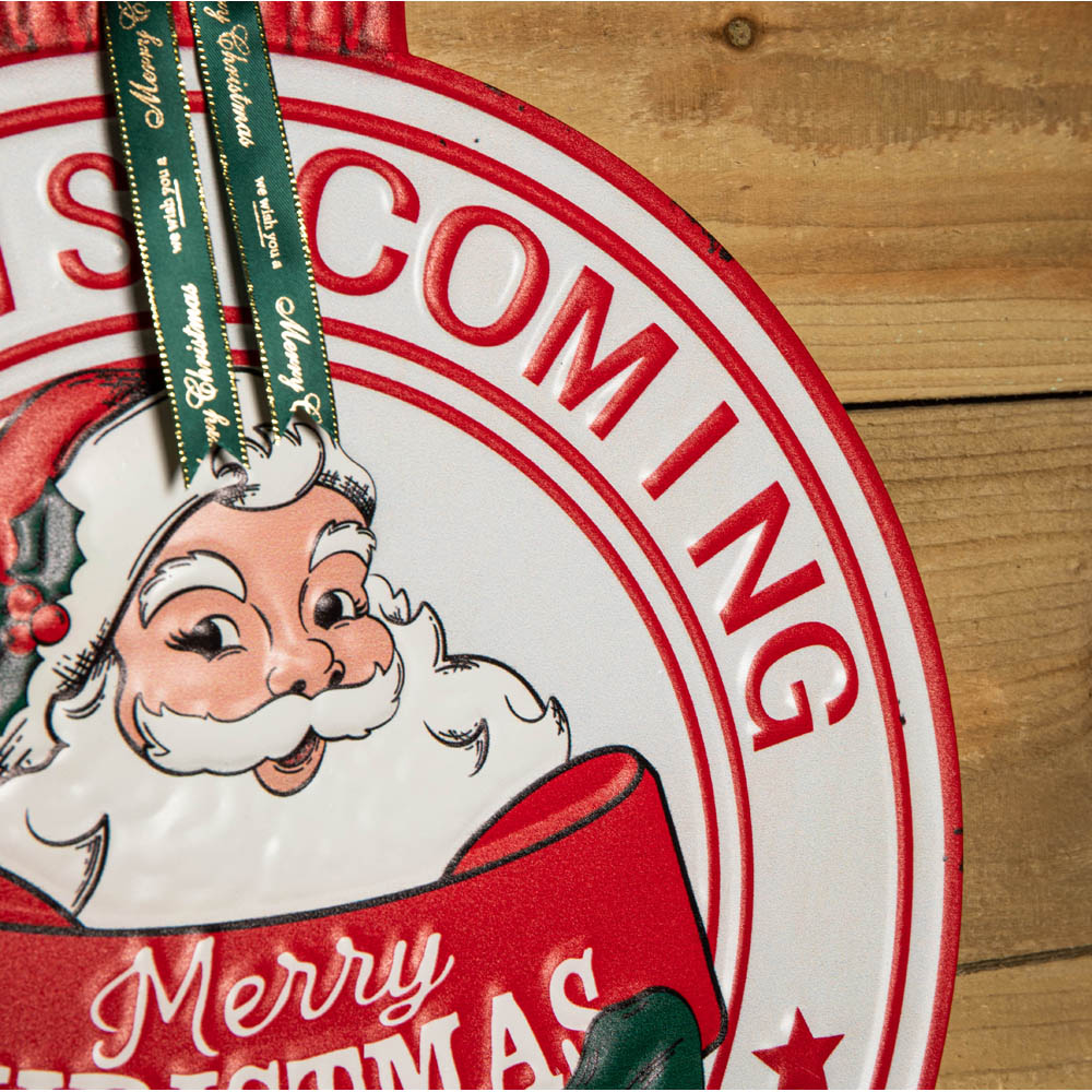 Samuel Alexander Red and White Round Metal Santa is Coming to Town Christmas Sign 47cm Image 3