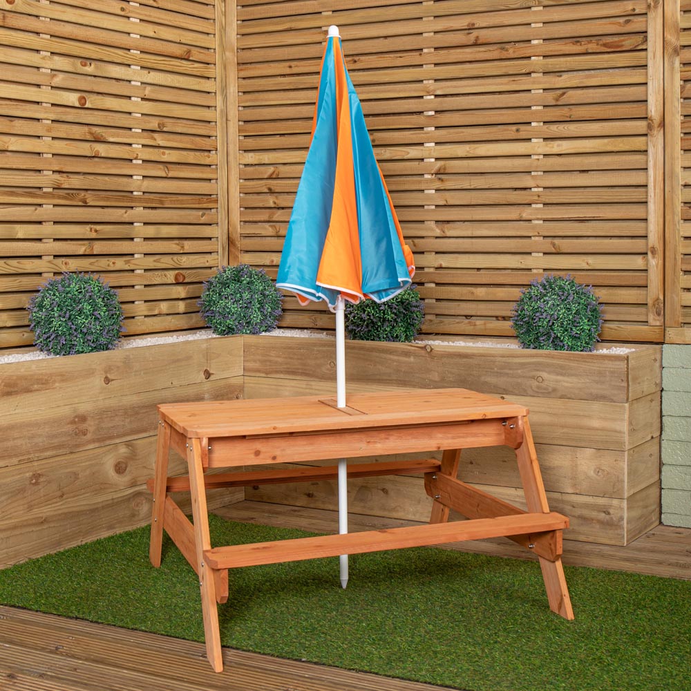 Samuel Alexander 4 Seater Kids Wooden Picnic and Activity Table with Parasol and Tray Image 7