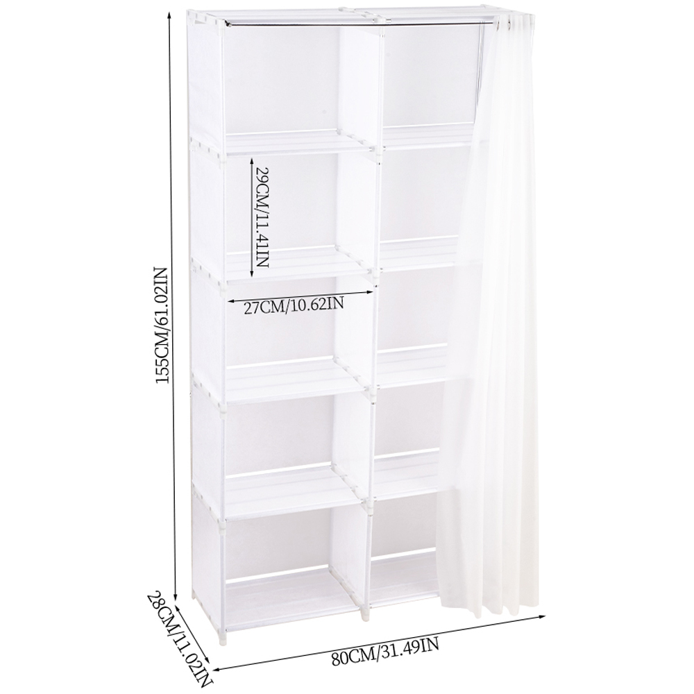 Living and Home 5-Tier White Freestanding Portable Wardrobe with Double-Row Storage and Curtain Image 8