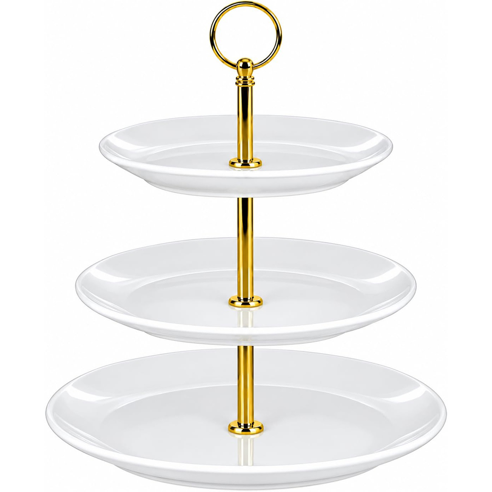 ATEK 3-Tier Ceramic Cake Serving Stand with Gold Handle Image 1
