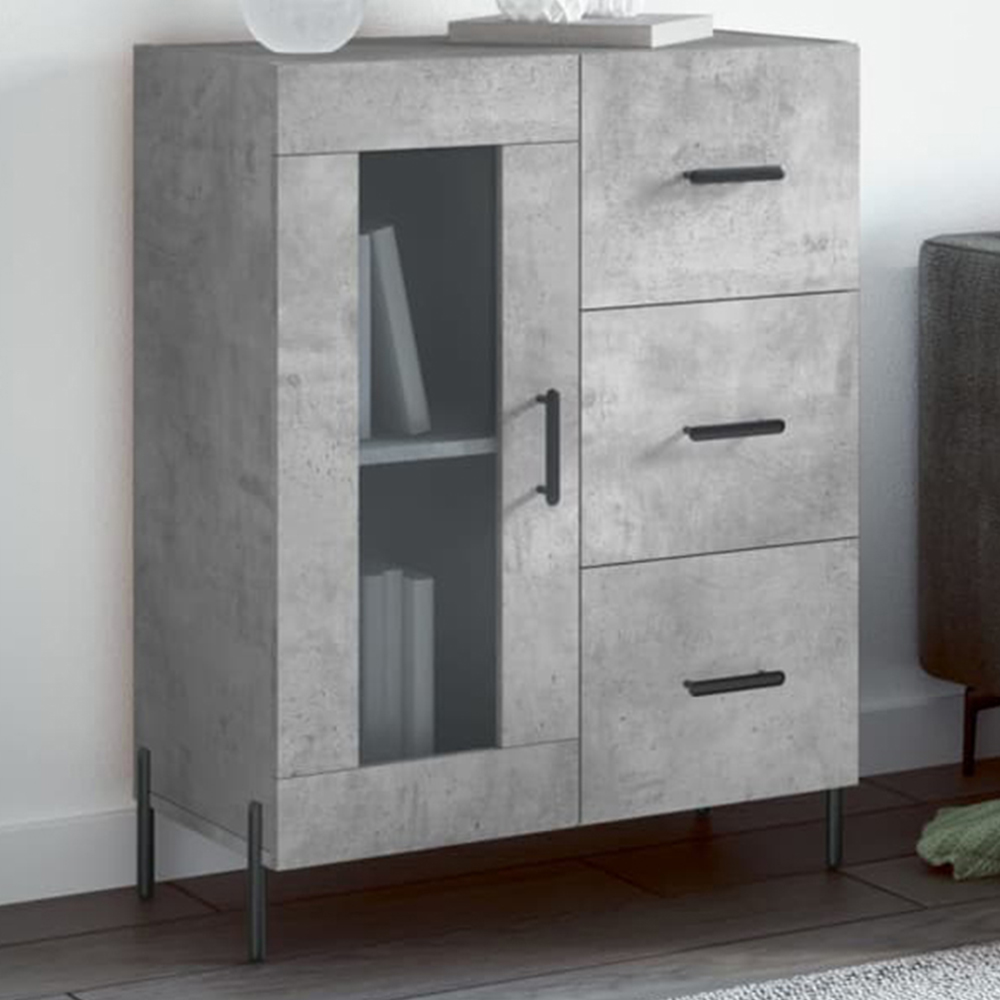 vidaXL Single Glass Door 3 Drawer Concrete Grey Wooden Sideboard Image 1