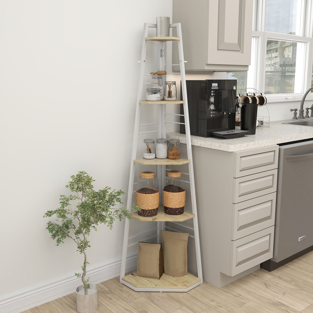 HOMCOM 5 Shelf Natural Wood Corner Adjustable Shelving Unit Image 4