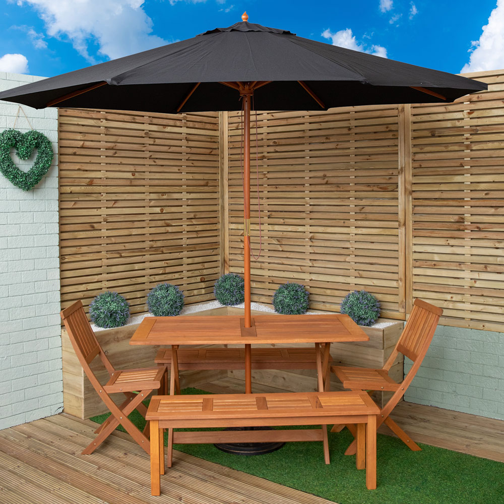 Samuel Alexander 6 Seater Wooden Rectangular Dining Bench Set with Black Parasol and Base Image 1