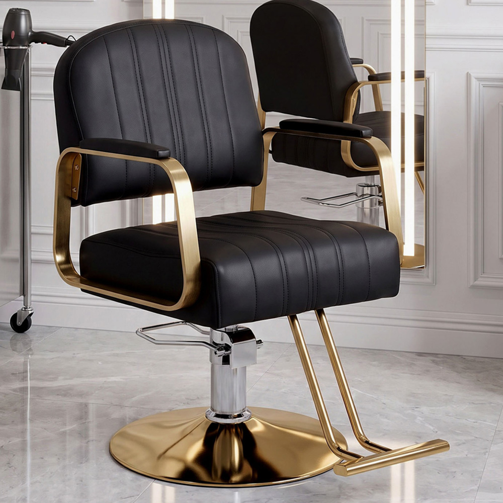Living and Home Black and Gold Swivel Base Salon Barber Chair with Hydraulic Lift Image 1