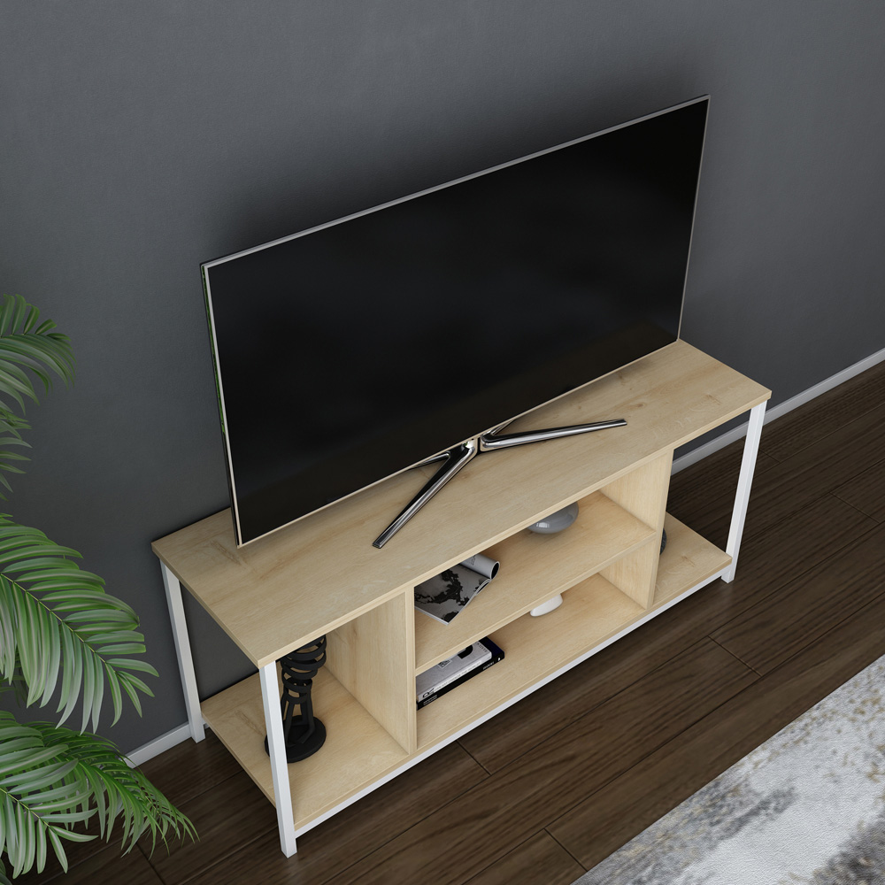 Decorotika Rinaldo 4 Open Shelf White and Oak Wide TV Unit Image 3