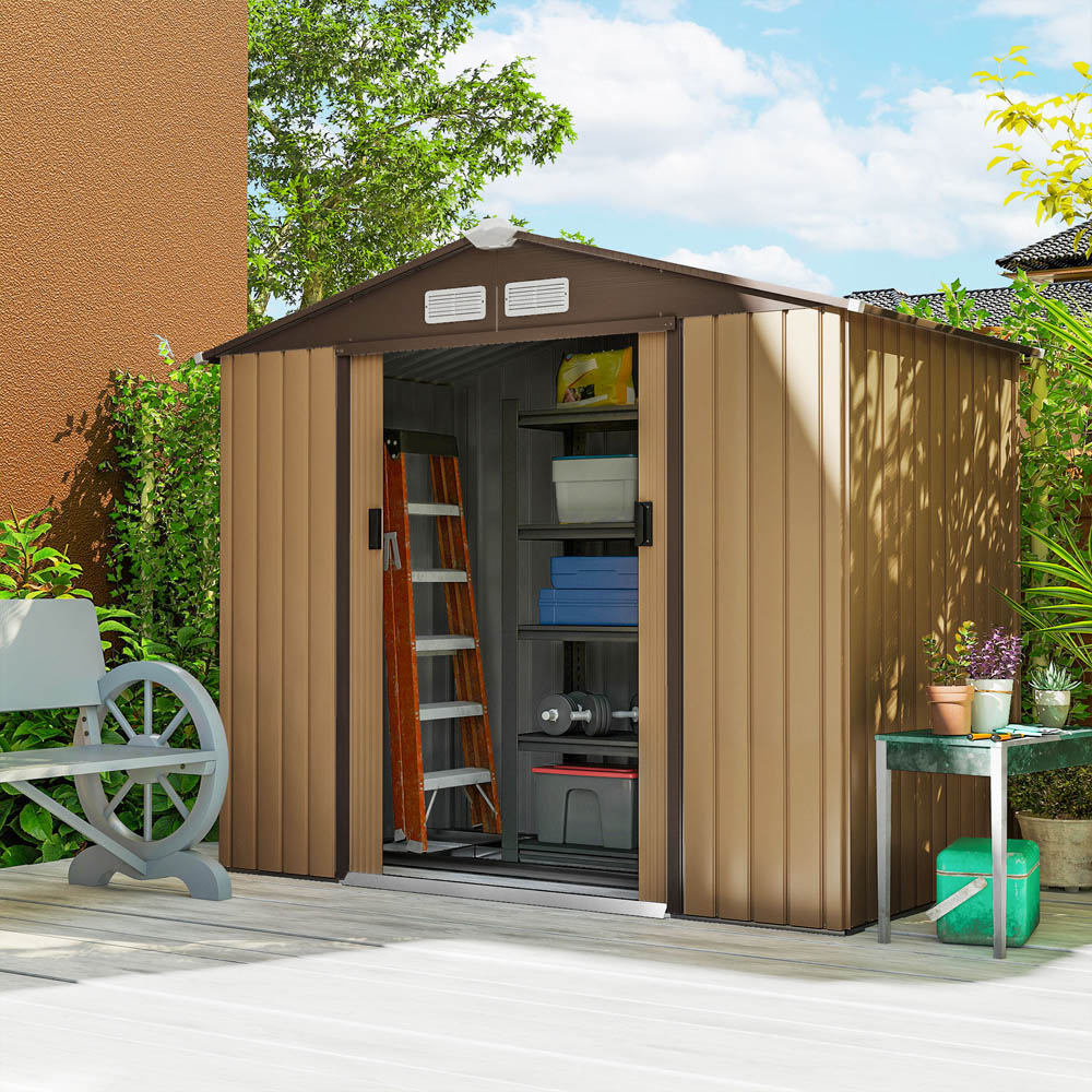 Outsunny 7 x 4ft Light Brown Metal Apex Garden Shed Image 2