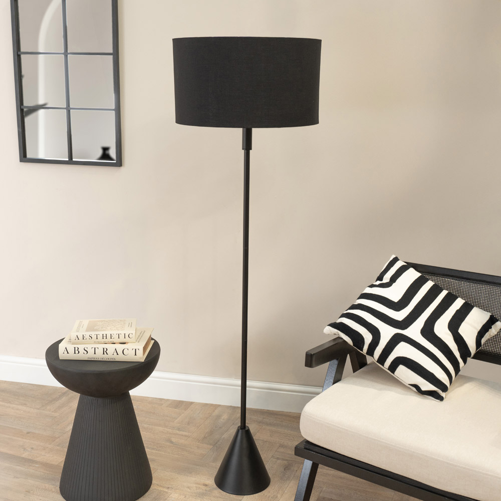 ValueLights Mitch Black Drum Lamp Shade Black Wood Stem Triangle LED Floor Lamp Image 3