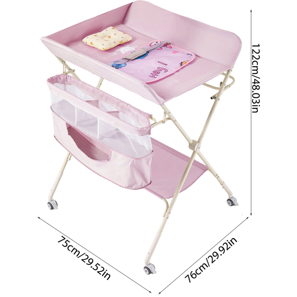 H&O Direct Pink Folding Baby Diaper Changing Table with Wheels Image 6