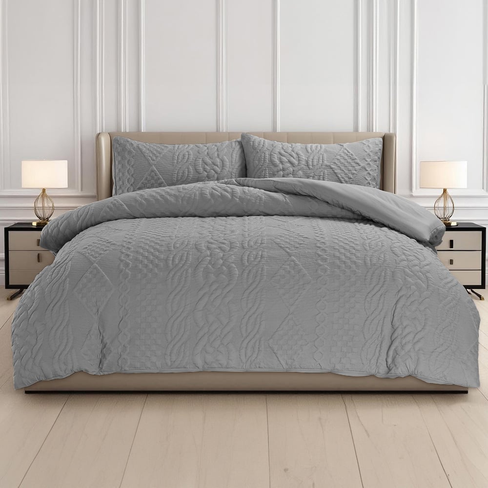 Velosso Super King Size Grey Quilted Knit Duvet Set Image 1