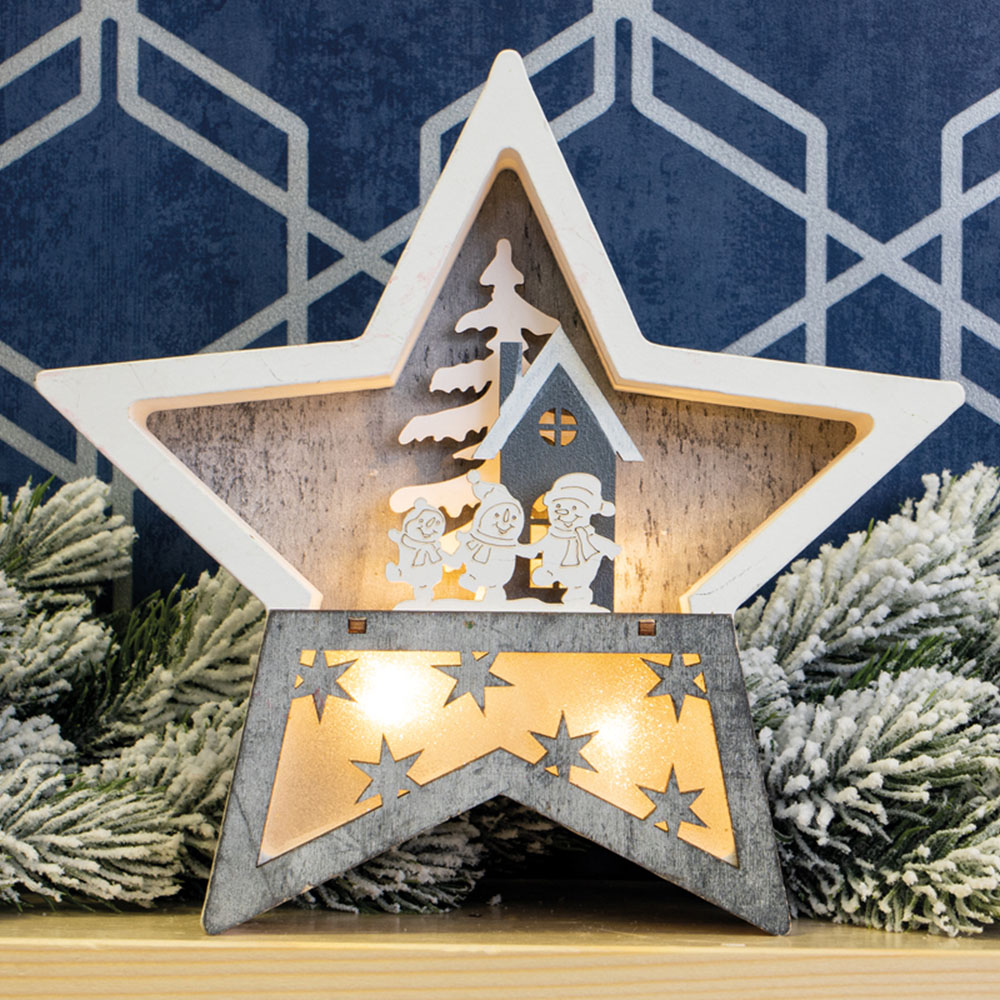 Xmas Haus White and Grey LED Christmas Wooden Star Decoration Image 5