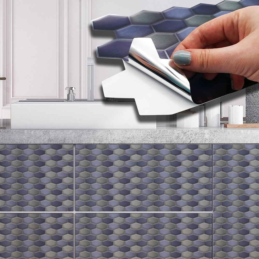 Walplus Honeycomb Hexa Dark Blue and Grey Tile Sticker 12 Pack Image 3