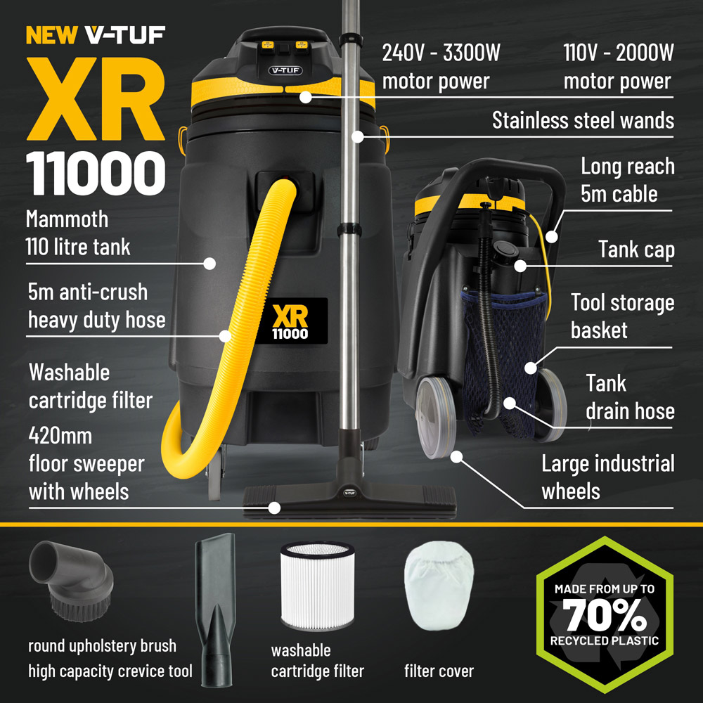 V-TUF XR11000-110 110L High Performance Wet and Dry Industrial Vacuum Cleaner 1600W Image 4