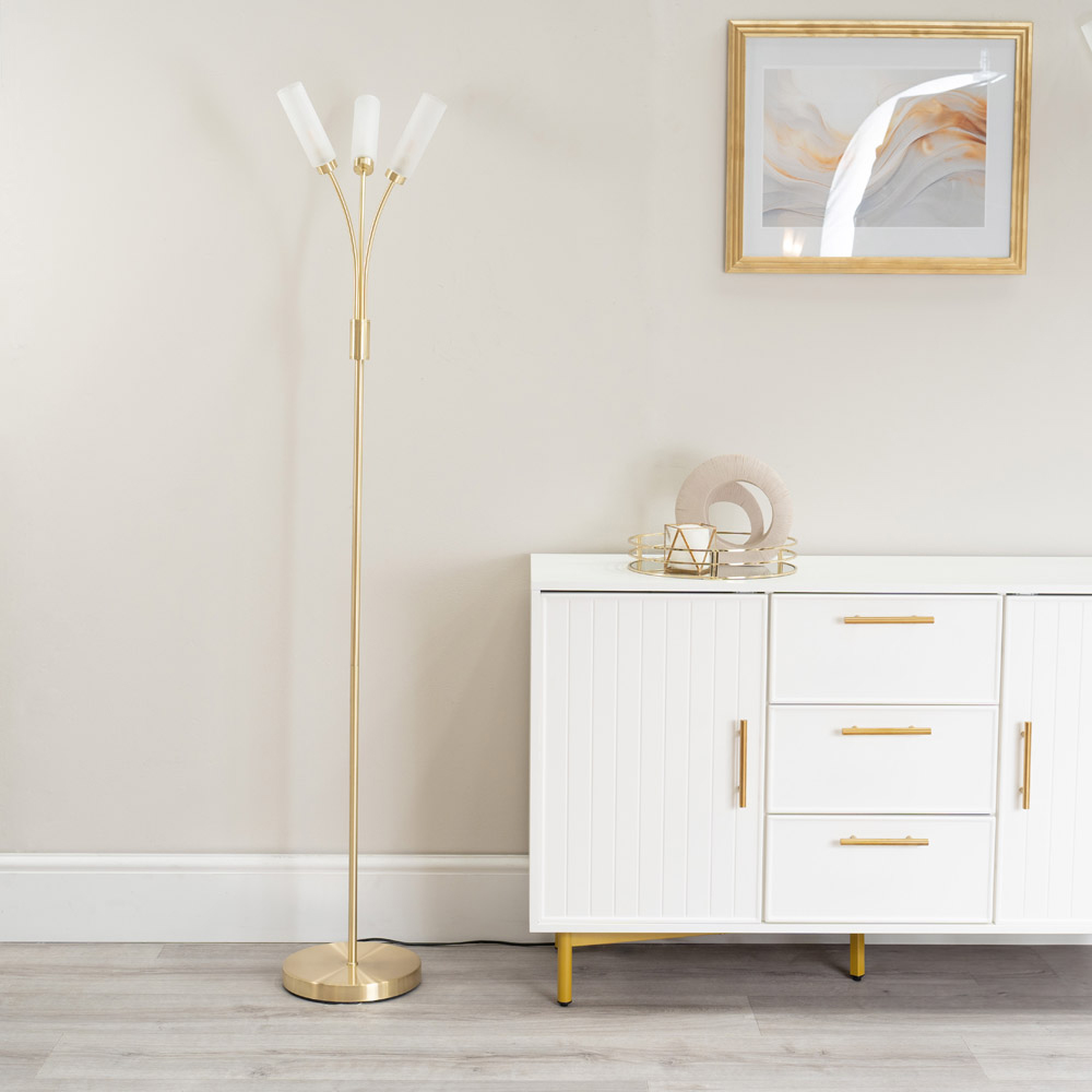 ValueLights Maya Brushed Gold 3 Way Curved Arm Reed Shaded Upright LED Floor Lamp Image 3