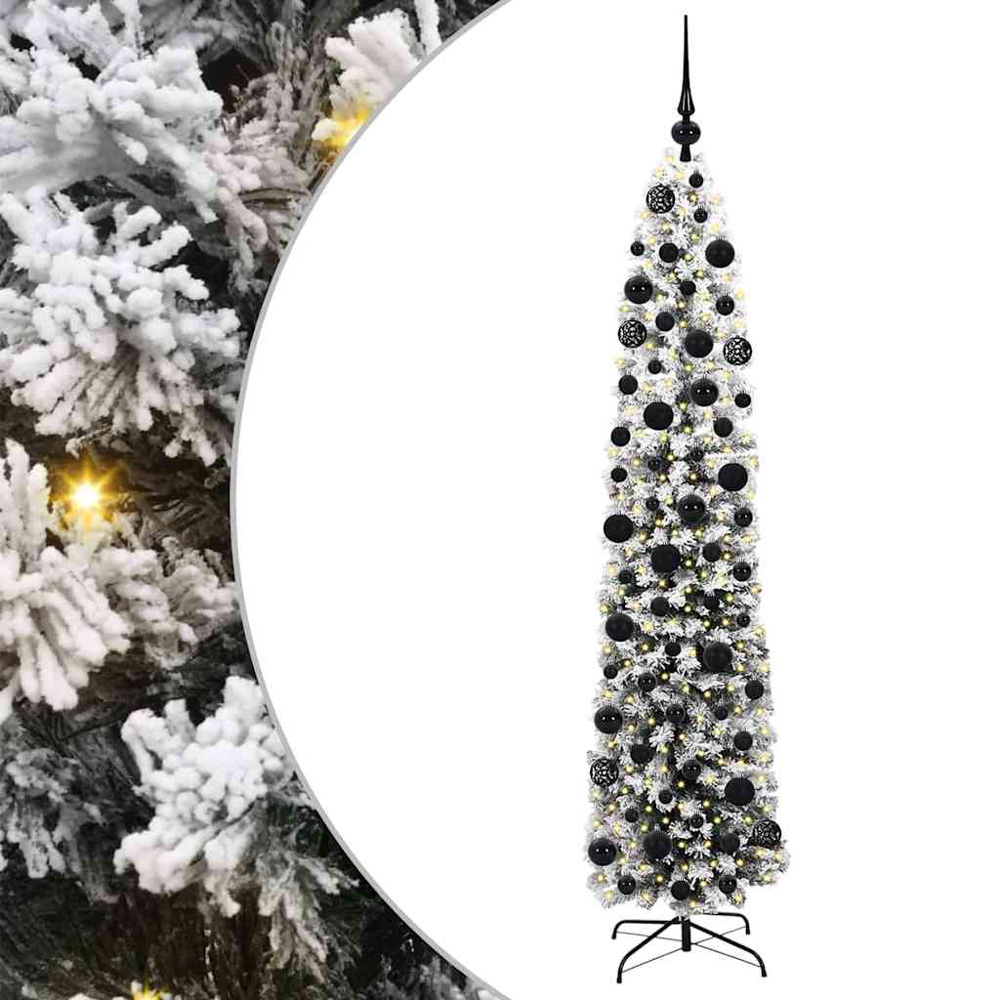 vidaXL Green Snow Flocked Artificial Christmas Tree with LEDs Black Decoration Ornaments 6ft Image 2