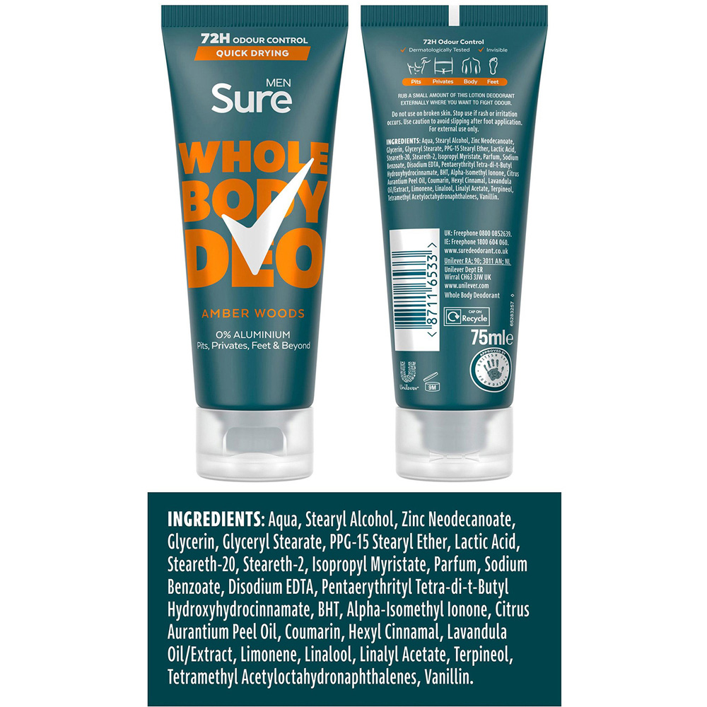 Sure Men Whole Body Amber Woods 72H Odour Control Deodorant Cream 75ml 6 Pack Image 7