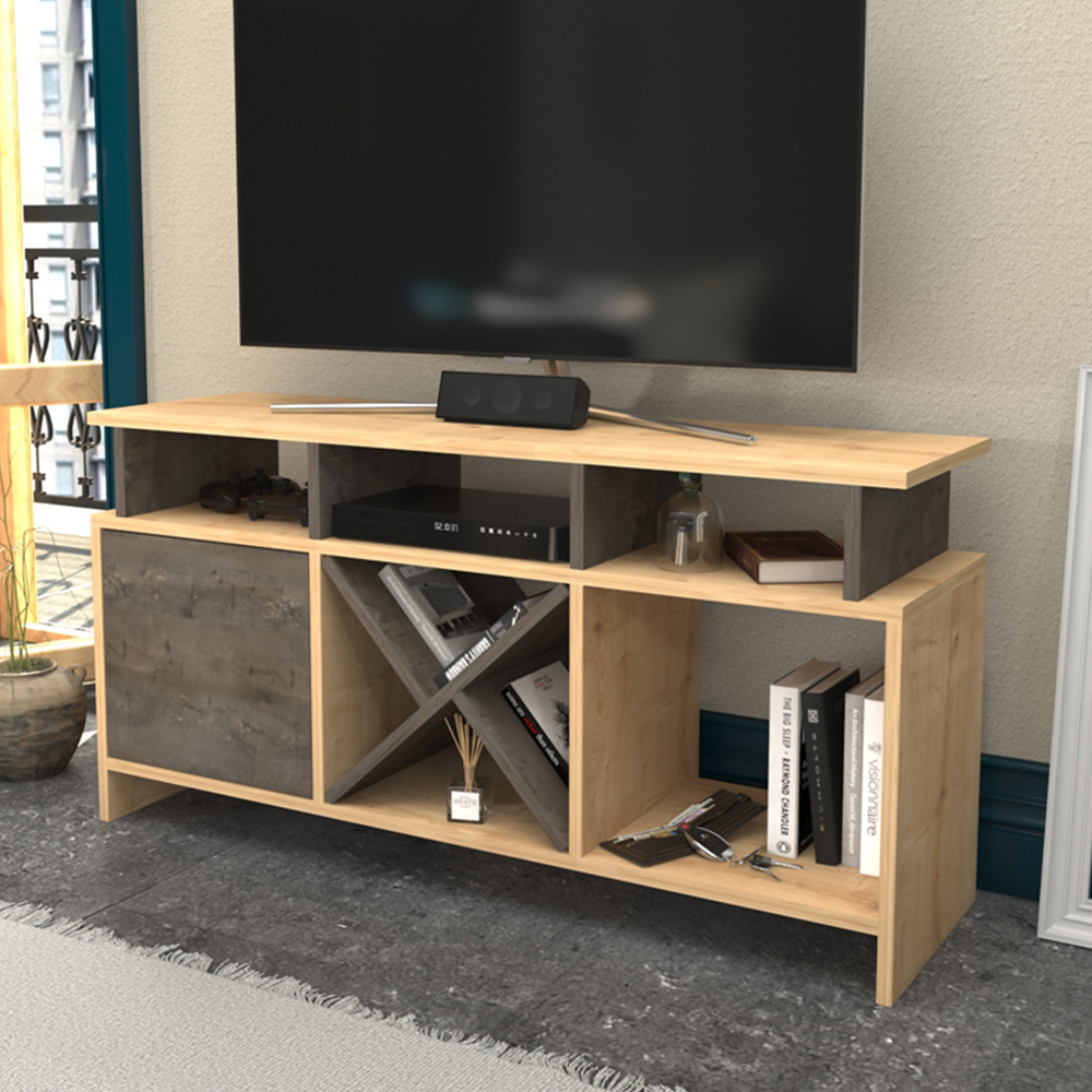 Decorotika Aurburn Single Door 8 Shelf Sapphire Oak and Wenge TV Unit Image 1