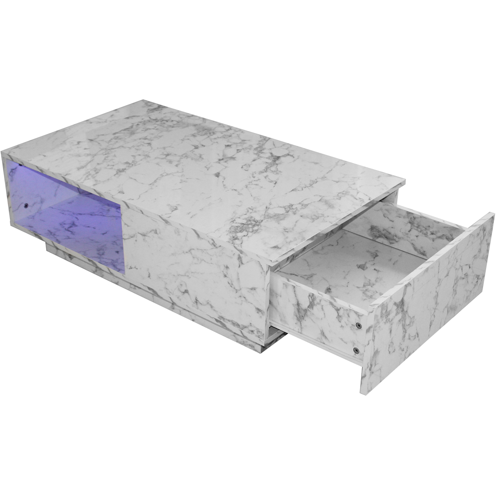 Comfy Living Single Shelf Single Drawer White Marble Effect High Gloss LED Coffee Table Image 5