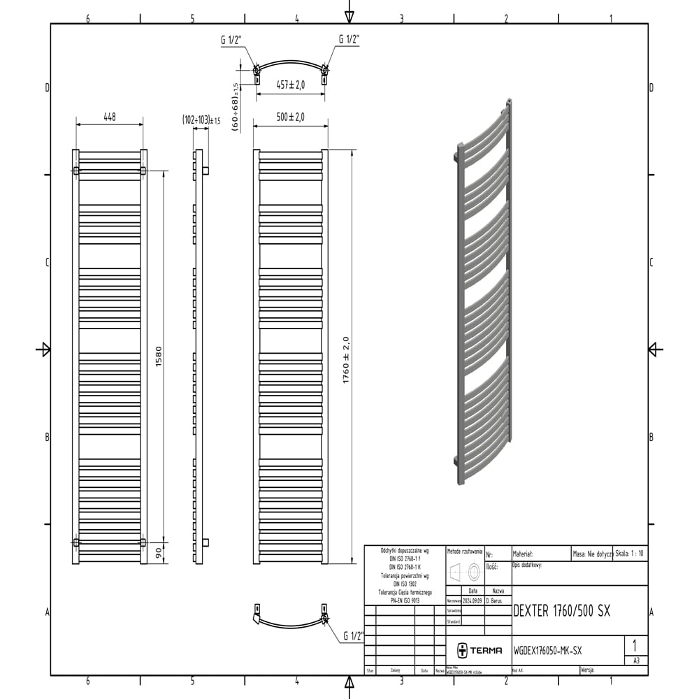 Terma Dexter E Brass Electric Towel Rail 1760 x 500mm Image 9