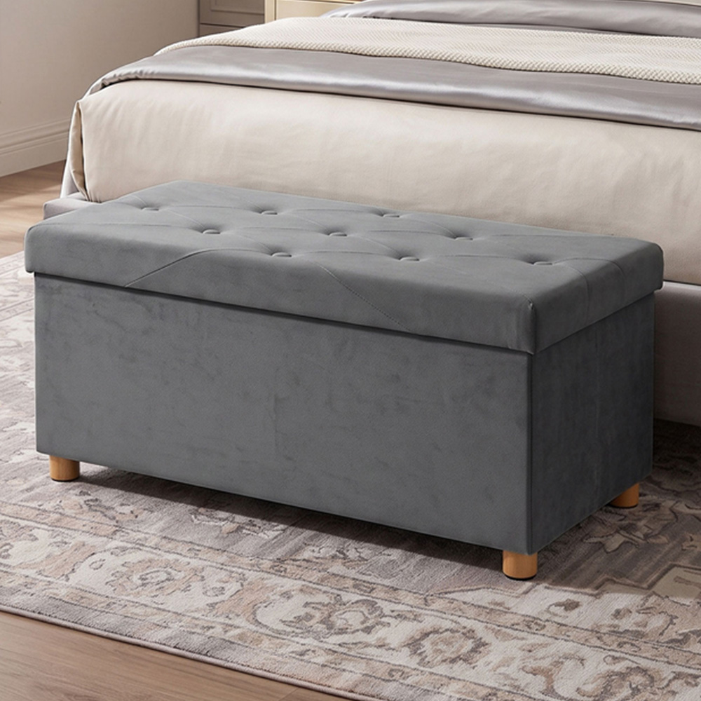 HOMCOM Grey Velvet Upholstered Foldable Ottoman Footrest with Wood Legs Image 1