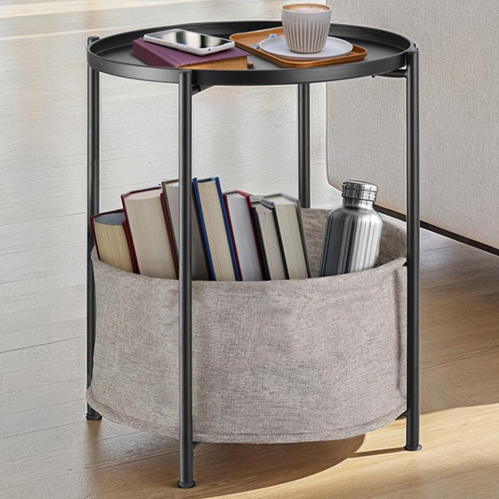 tectake Canterbury Black Round Bedside Table with Basket Image 1