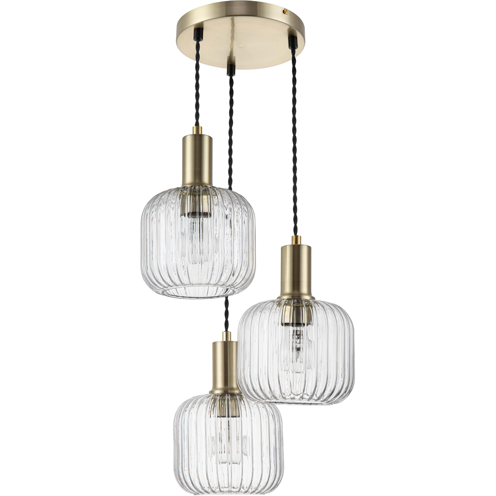 Cosylyte Maple Brushed Brass Ribbed Glass 3 Light Cluster Pendant Light Image 1