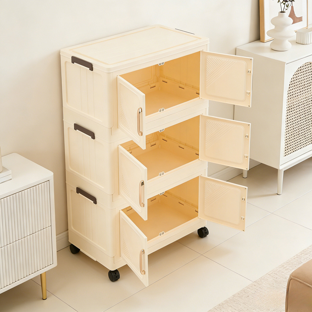 Living and Home 3-Tier Cream Foldable Storage Cabinet with Castors Image 7