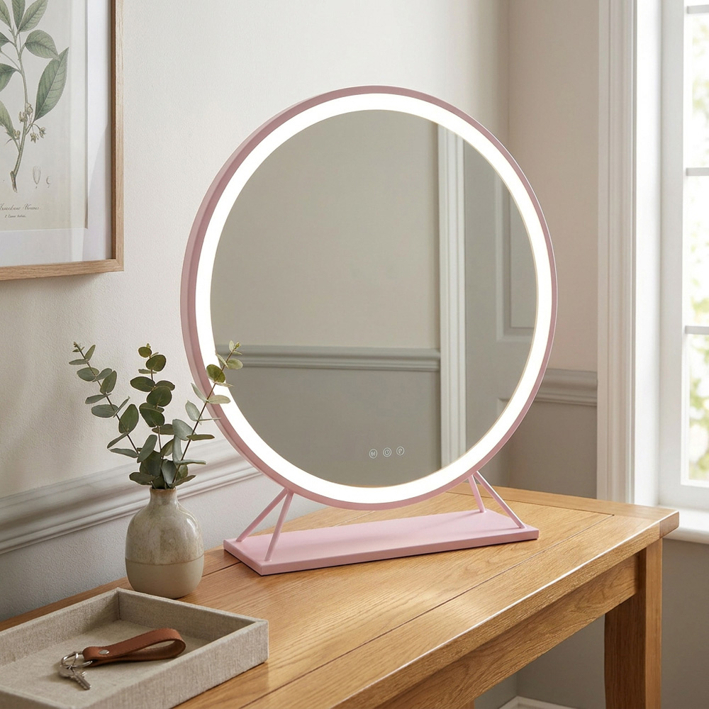 Round Standing Hollywood LED Mirror Pink Image 2