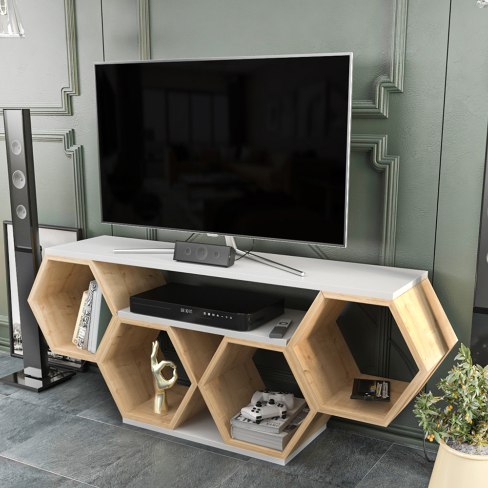 Decorotika Honey White and Oak Wide Hexagonal TV Unit Image 1