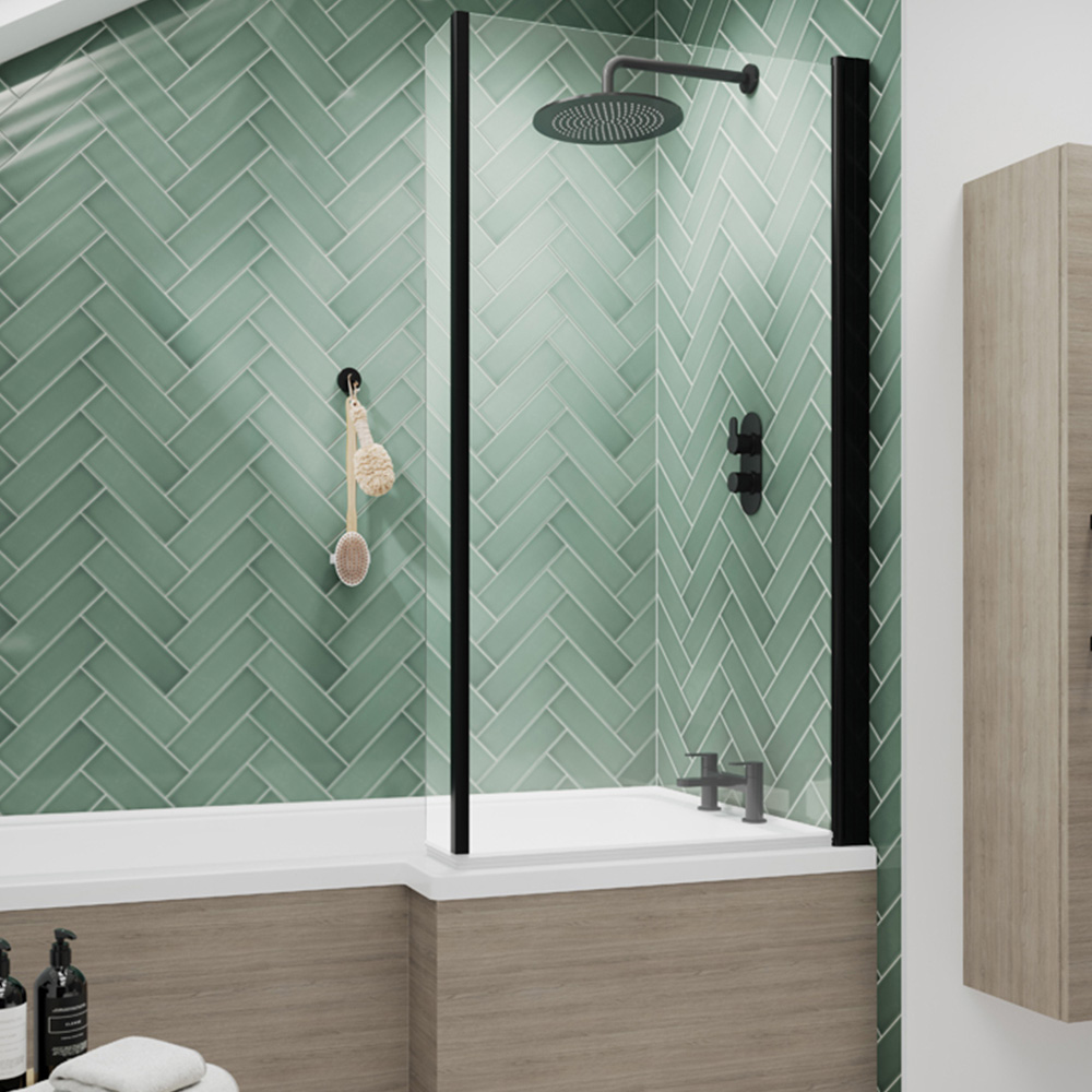 nuie Matt Black Square Bath Screen with Fixed Return 808mm Image 2