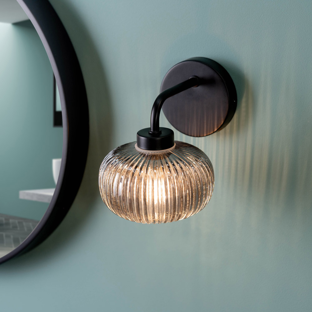 ValueLights Amaia Matt Black Smoked Ribbed Glass LED Wall Light 2 Pack Image 3